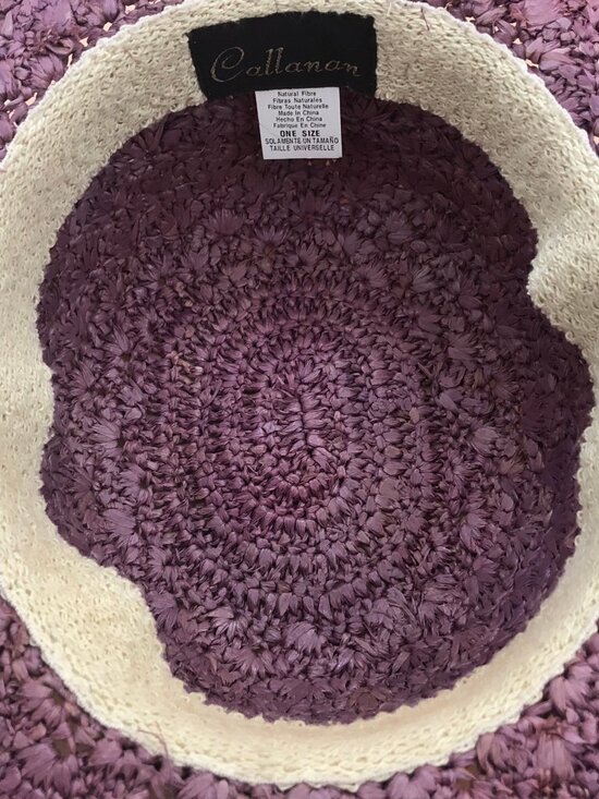 Callanan Vintage Crocheted Raffia Sun Hat – Wide Brim, Scalloped Edge – Purple main image 9